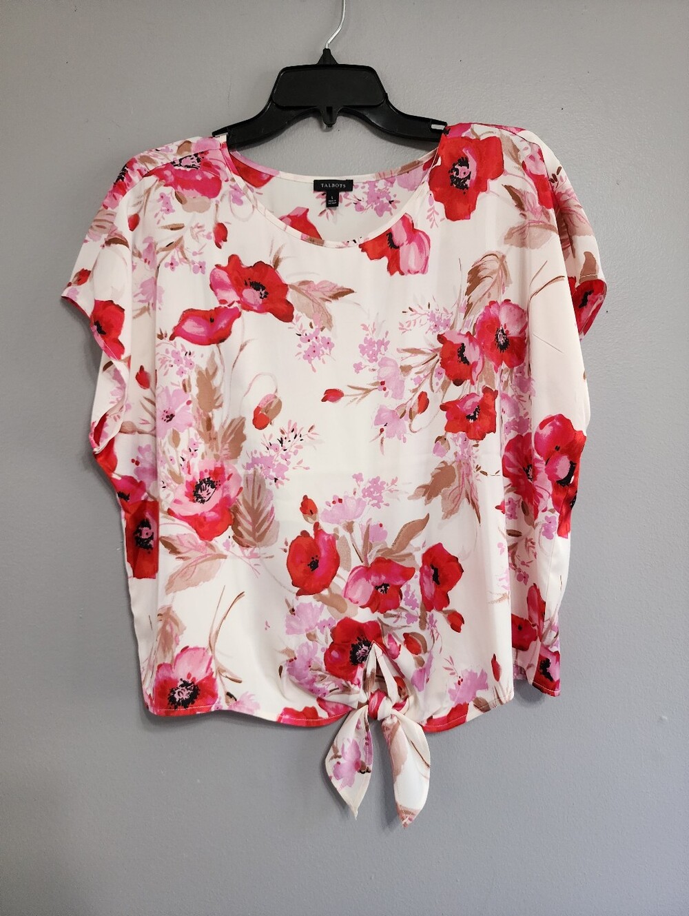 Talbots White Floral Tie-Front Short Sleeve Blouse